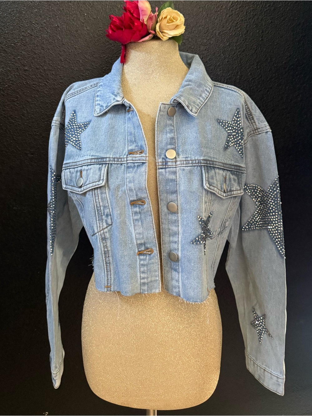 American Bazi Light Blue Cropped Denim Jacket with Star Studs